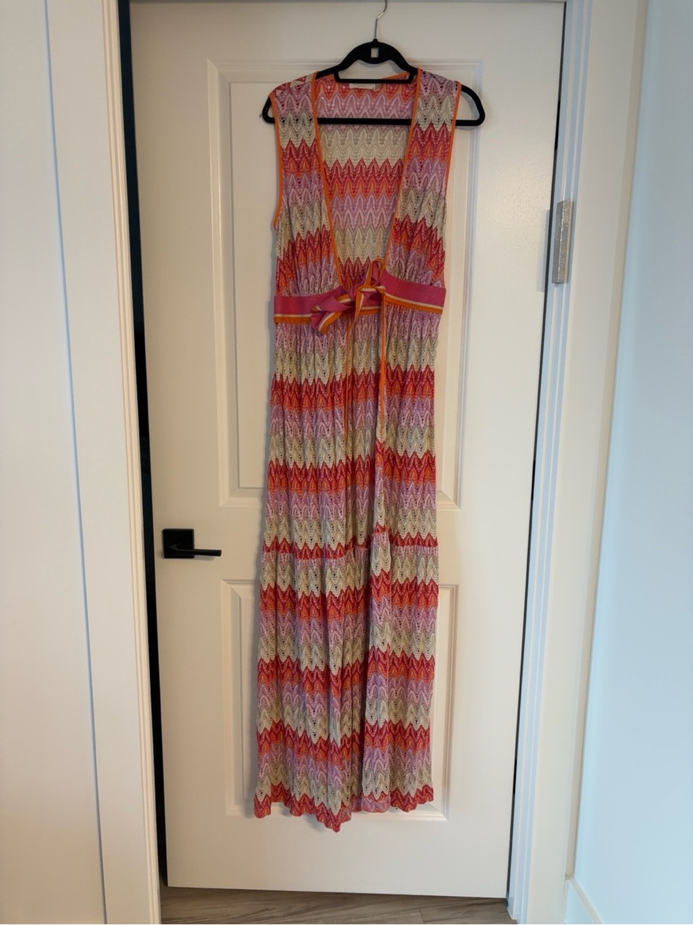 Ramy Brook Metallic Chevron Open Front Maxi Cover Up Pink Orange M